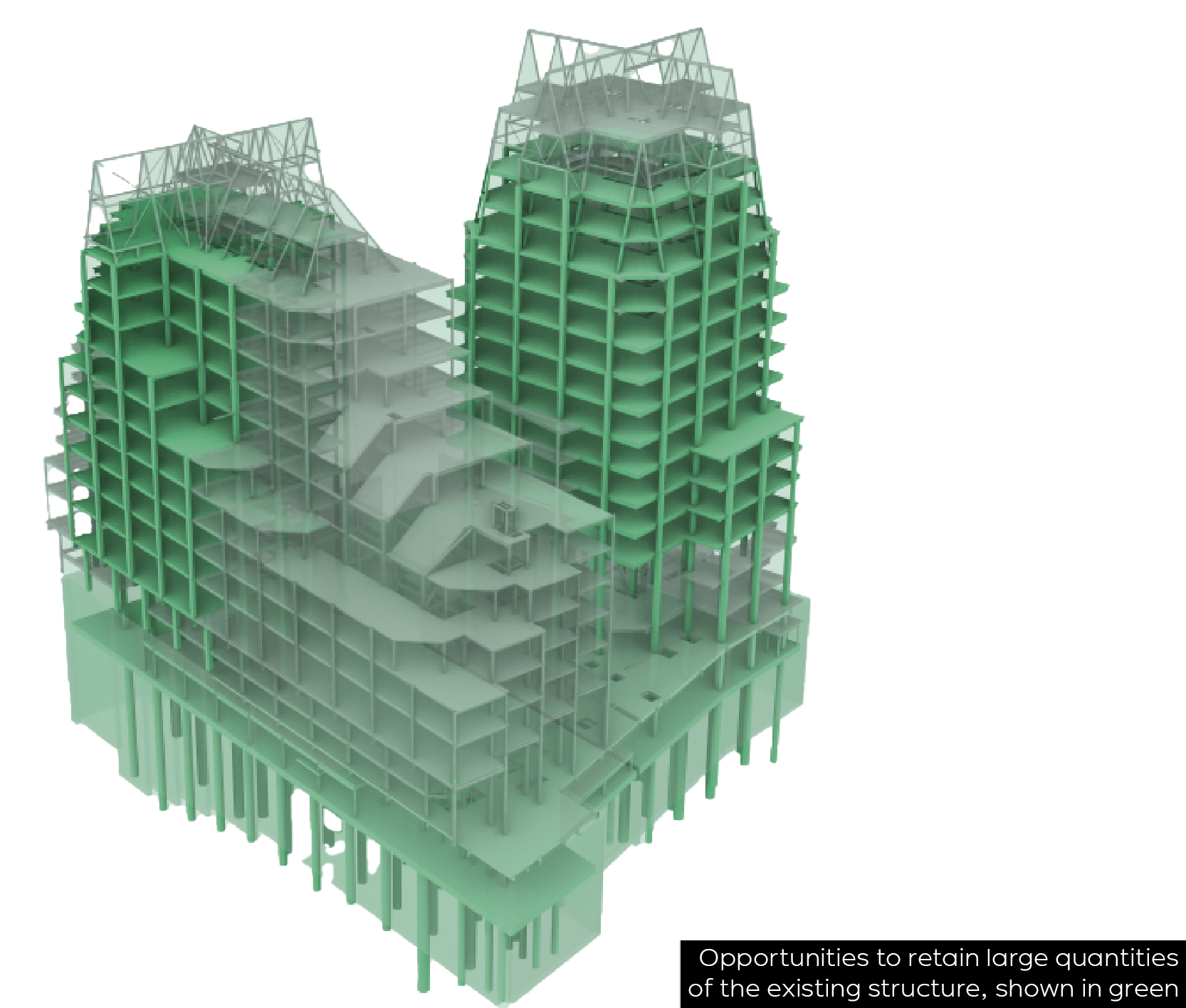 Opportunities to retain large quantities of the existing structure, shown in green